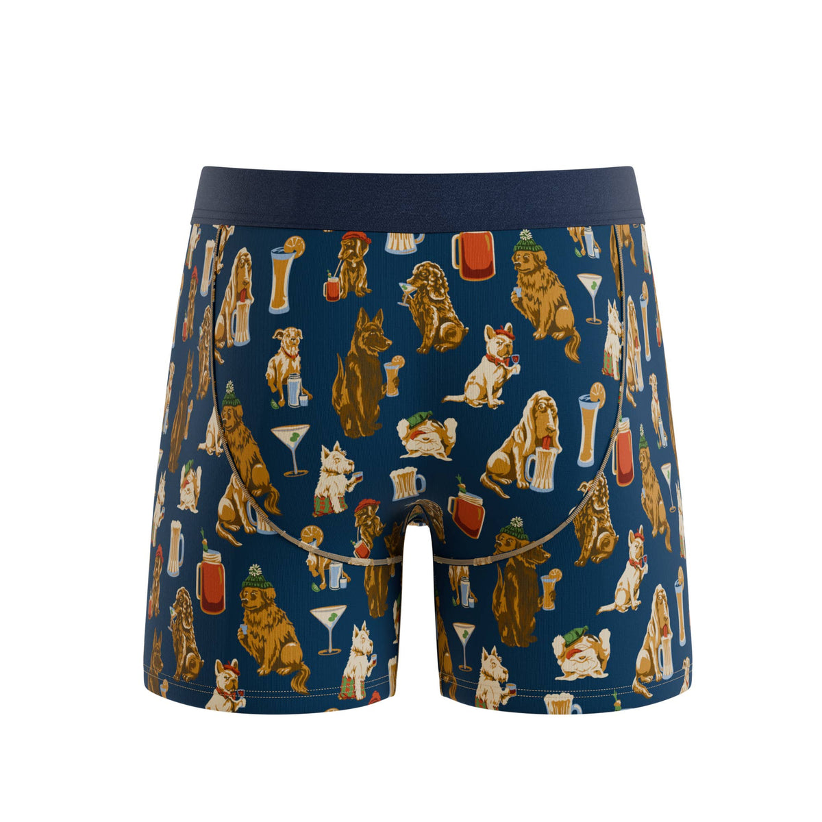 Navy dogs and drinks print boxer brief, back view
