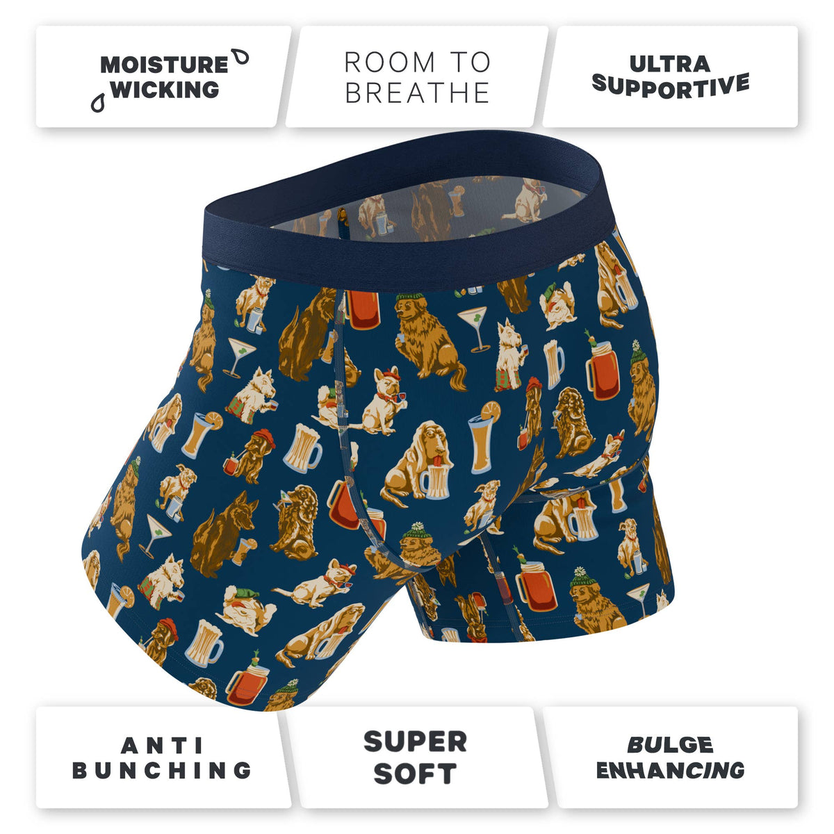 Navy dogs and drinks boxer brief with feature callouts for moisture wicking, breathability and support