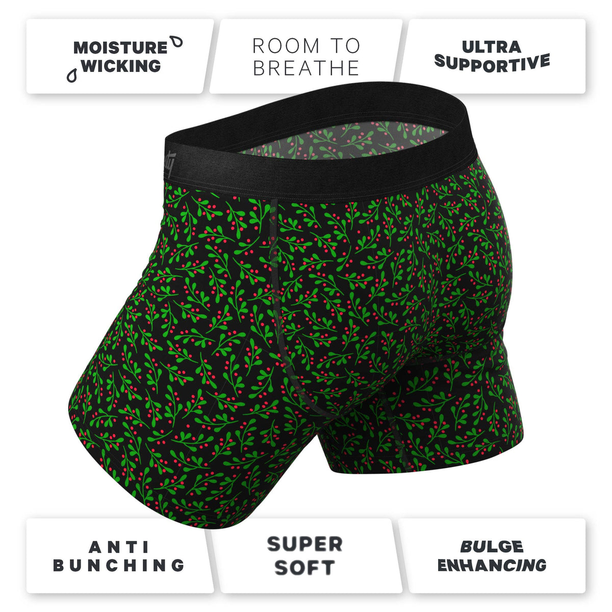 Green holly print boxer brief with feature callouts for moisture wicking, breathability and support