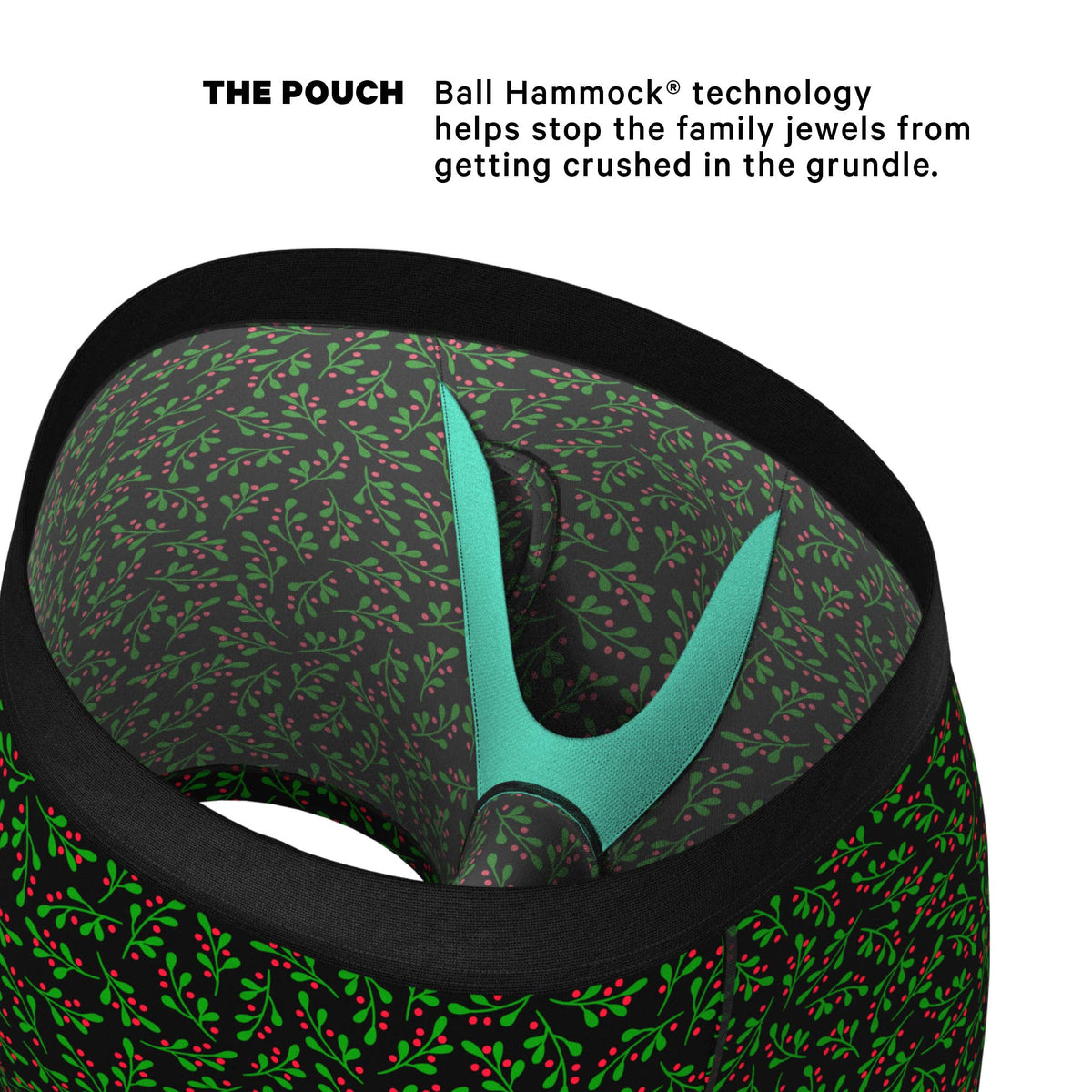 Inside view of the green holly print boxer brief showing the Ball Hammock pouch