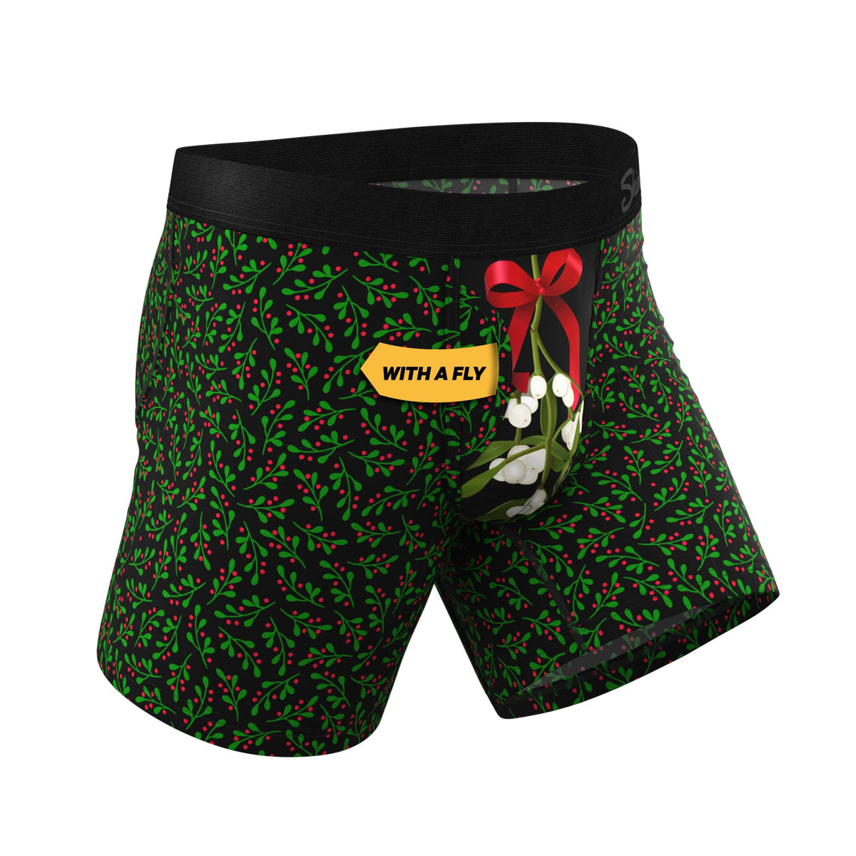 Green holly print boxer brief, angled front view showing the fly