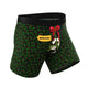 Green holly print boxer brief, angled front view showing the fly