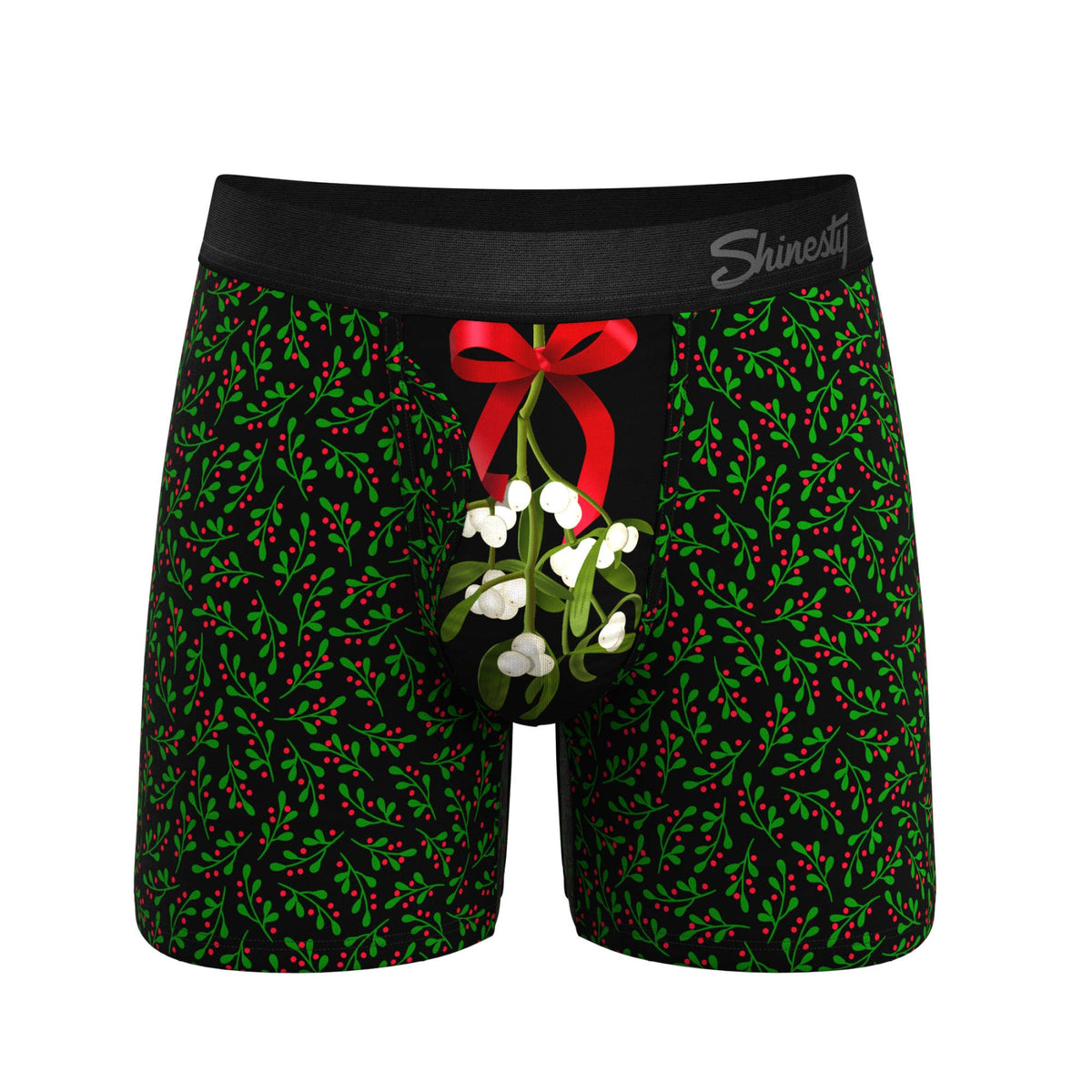 Green holly print boxer brief with a mistletoe sprig and red bow on the pouch, front view