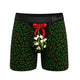 Green holly print boxer brief with a mistletoe sprig and red bow on the pouch, front view