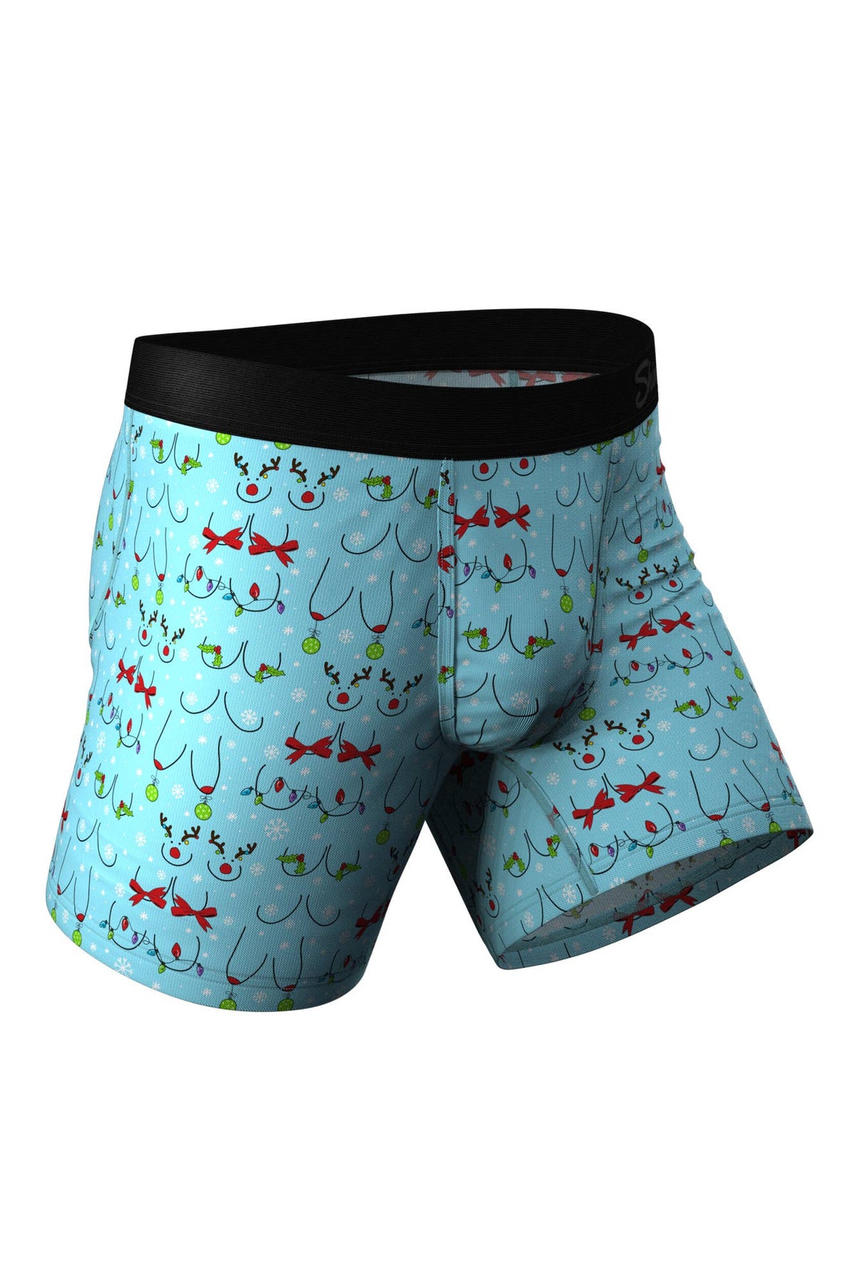 Light blue Christmas print boxer brief, angled front view