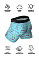 Light blue Christmas print boxer brief with feature callouts for moisture wicking, breathability and support