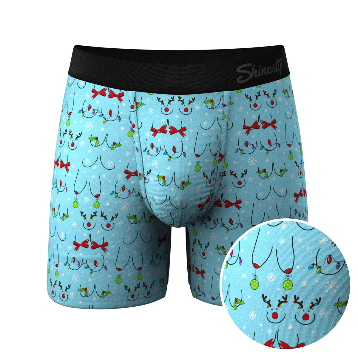 Light blue boxer brief with a cheeky Christmas ornament bust print, front view with print detail inset