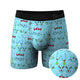 Light blue boxer brief with a cheeky Christmas ornament bust print, front view with print detail inset