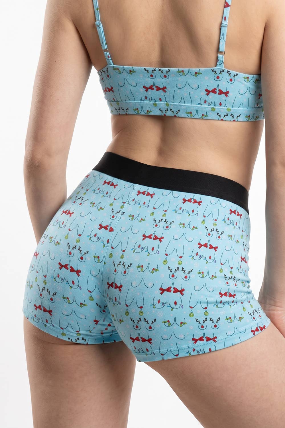 Light blue Christmas print women's boxers, back view