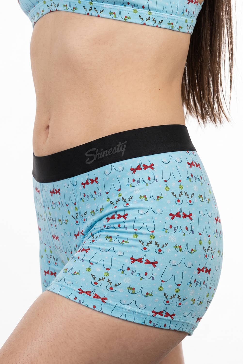 Light blue women's boxers with a Christmas ornament bust print, front view