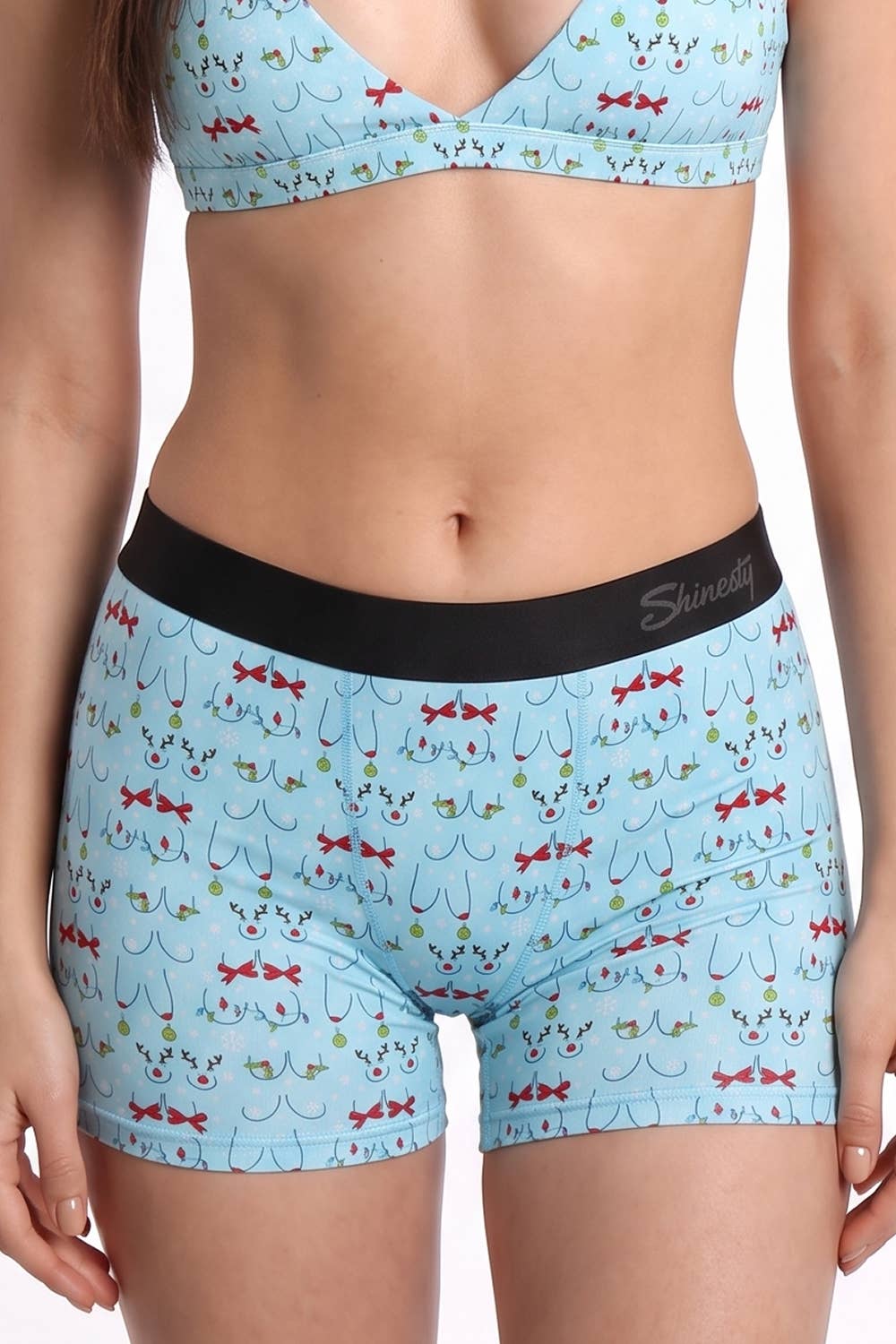 Light blue Christmas print women's boxers, close front view