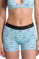 Light blue Christmas print women's boxers, close front view