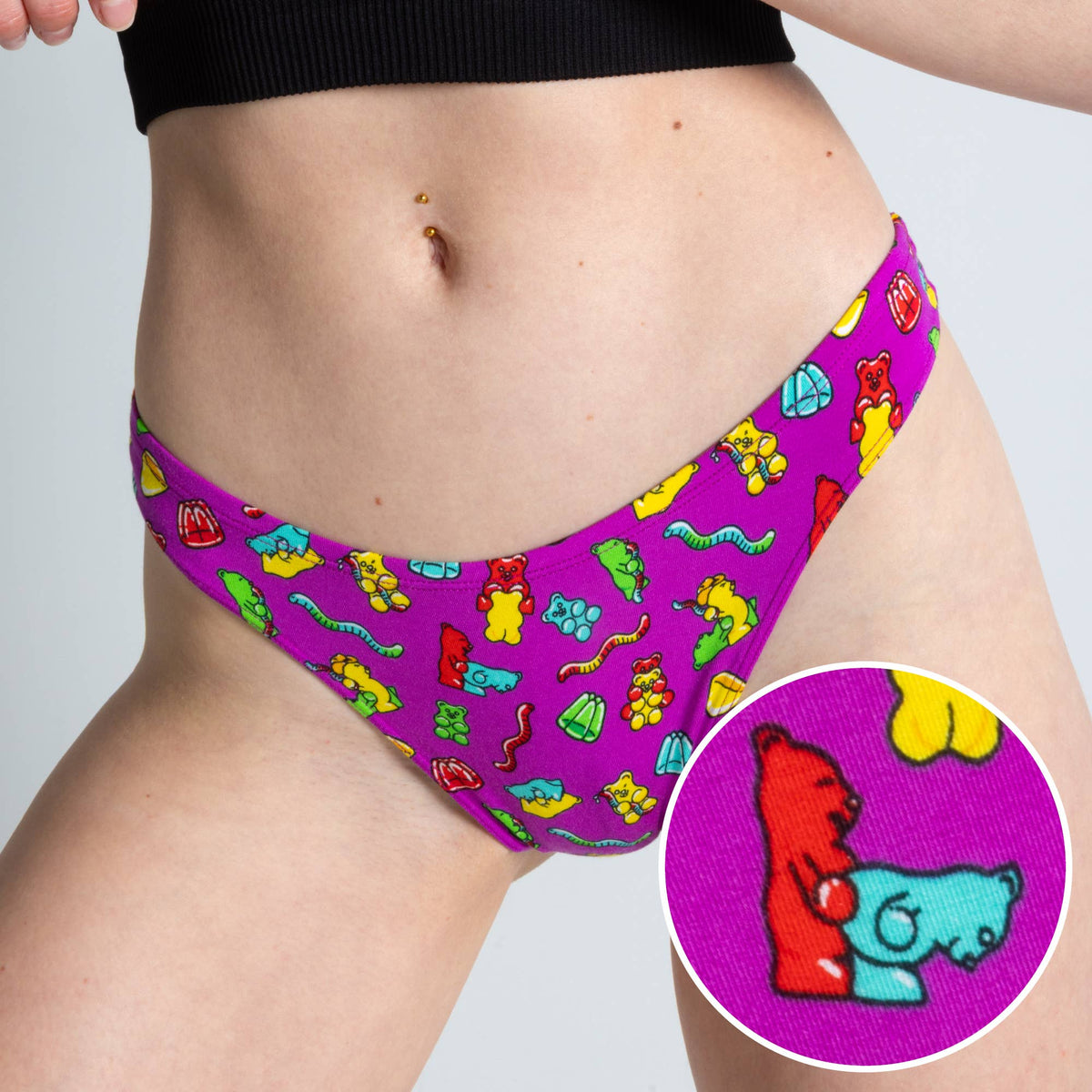 Purple gummy bear print thong, front view with print detail inset