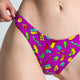 Purple thong with a colorful gummy bear print, front view
