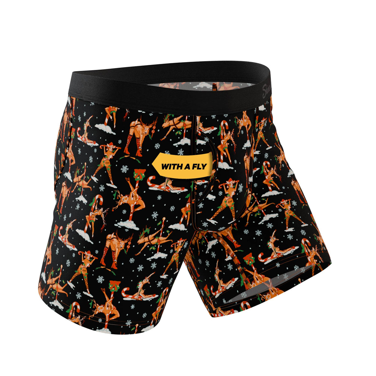 Black reindeer print boxer brief, angled front view showing the fly