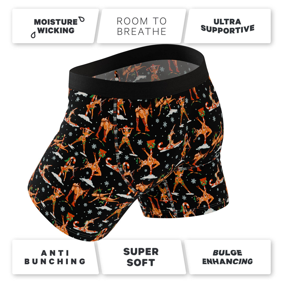 Black reindeer print boxer brief with feature callouts for moisture wicking, breathability and support