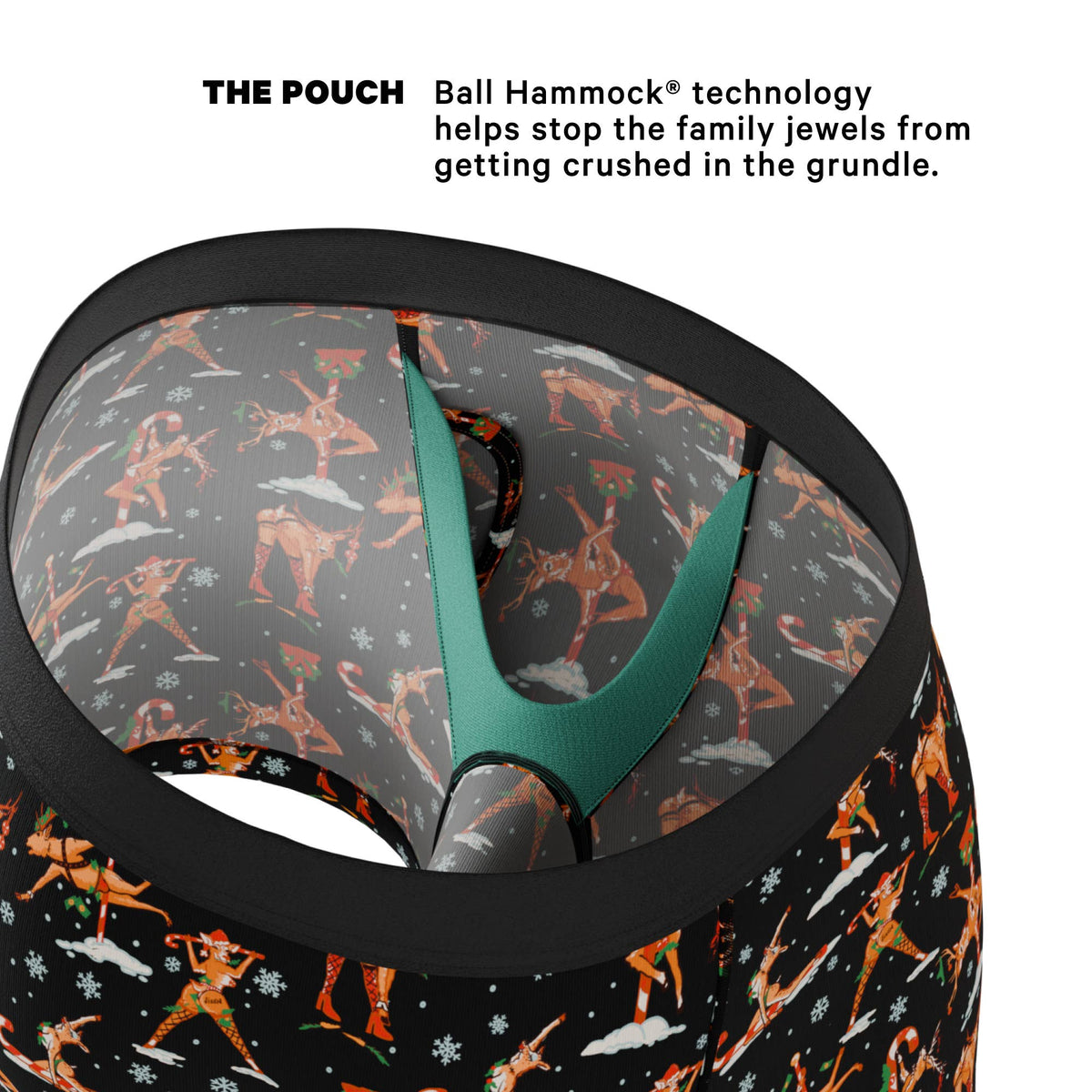 Inside view of the reindeer print boxer brief showing the Ball Hammock pouch