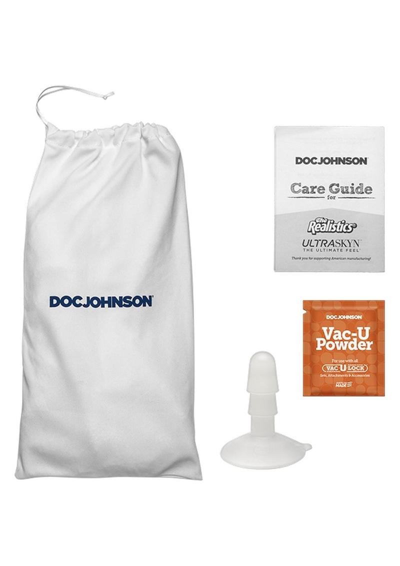 Doc Johnson product set with drawstring bag, care guide, and powder on a white background