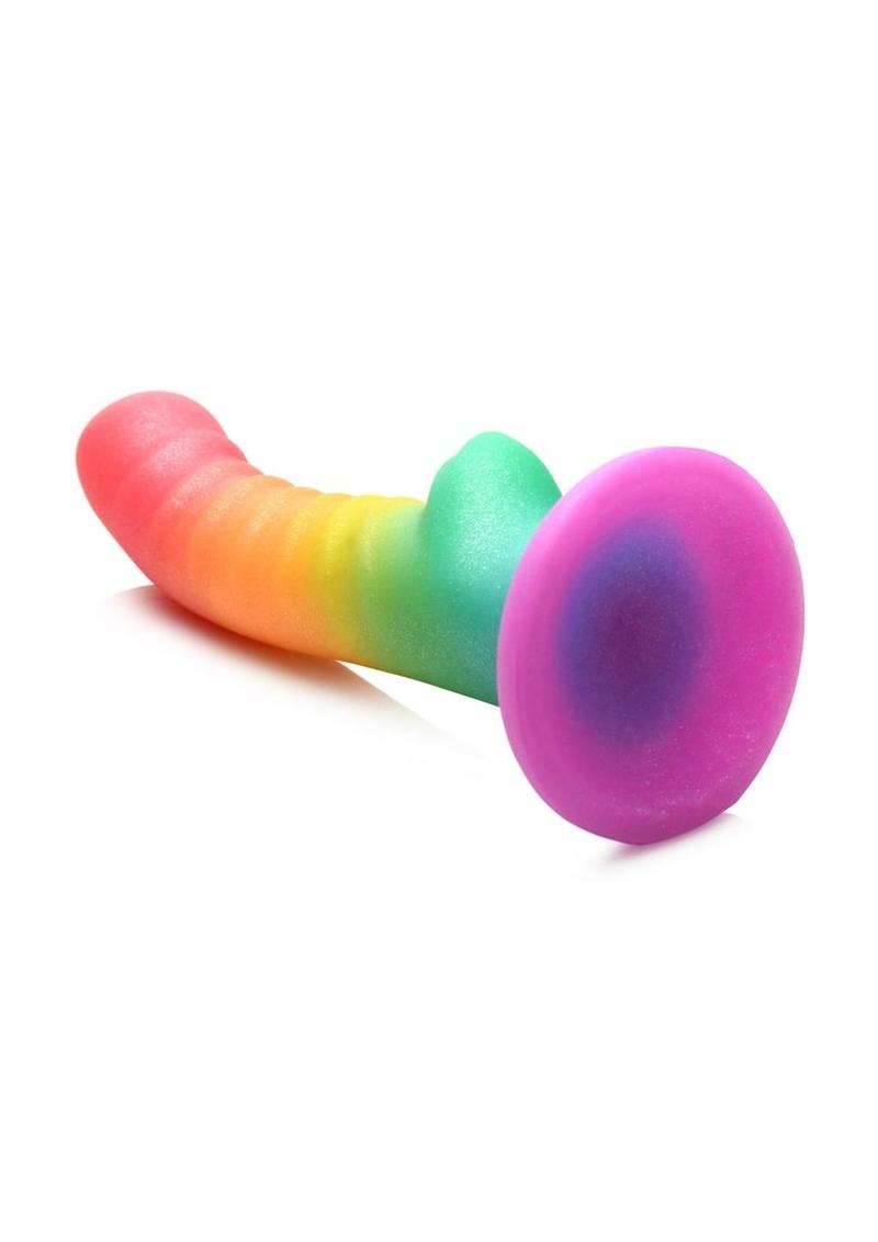 Simply Sweet Ribbed Silicone Rainbow Dildo – Rainbow, close-up of suction-cup base