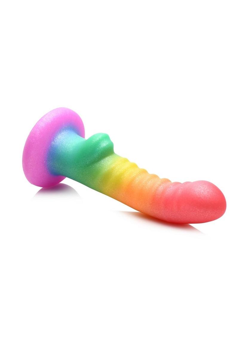Simply Sweet Ribbed Silicone Rainbow Dildo – Rainbow, side view with suction-cup base