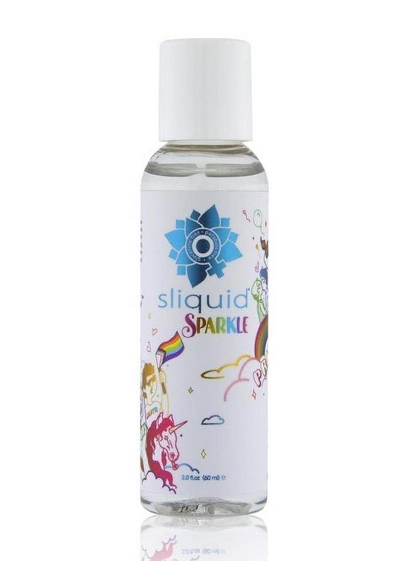 Sliquid Sparkle Pride 2 oz bottle, front label with rainbow and unicorn art