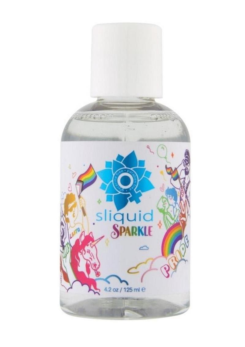 Sliquid Sparkle Pride 4.2 oz bottle, front label with rainbow, unicorn and Pride flag art