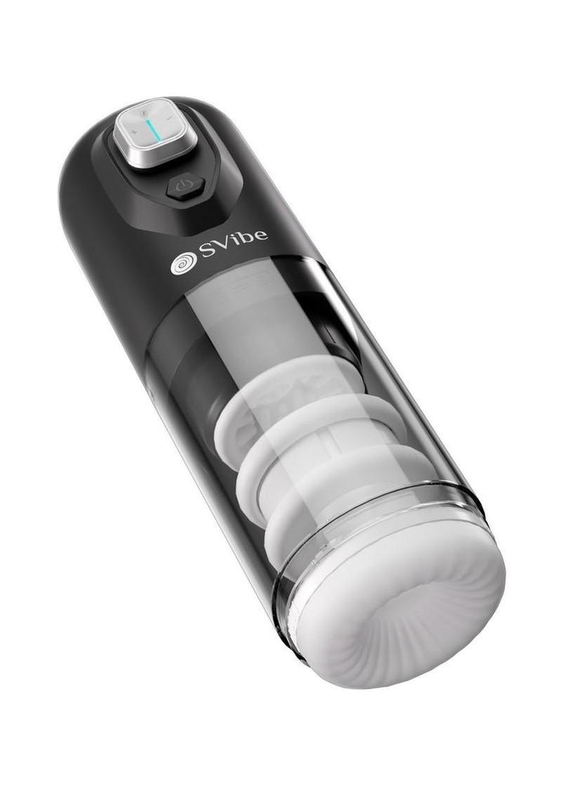 SVibe Ikon Spark masturbator in black and clear, side profile of the sleek housing