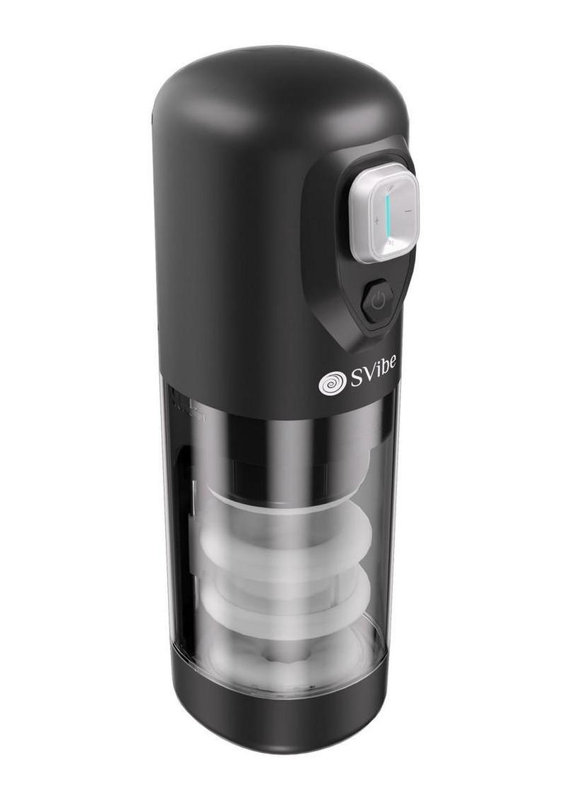 SVibe Ikon Spark masturbator in black and clear, angled view with the push button controls