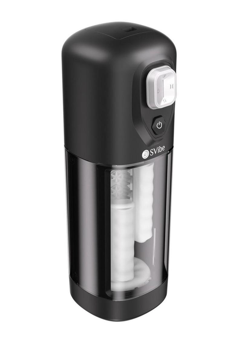 SVibe Ikon Volt masturbator in black and clear, side profile with the transparent top cap