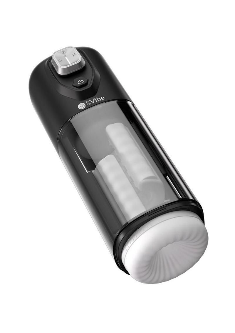 SVibe Ikon Volt masturbator in black and clear, angled view with the push button controls