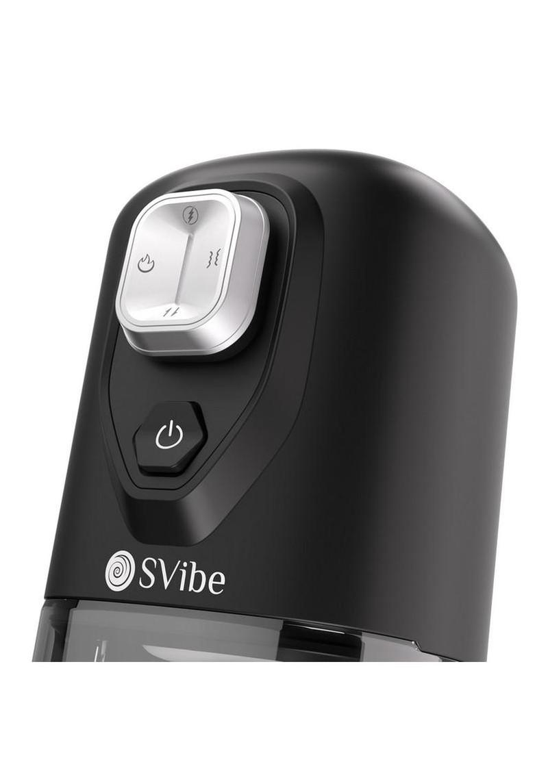SVibe Ikon Volt masturbator in black and clear, further view of the TPE sleeve opening