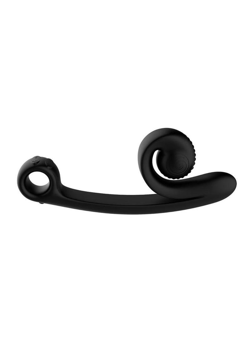 SVibe Snail Curve dual stimulator in black, reverse profile showing the ergonomic handle loop