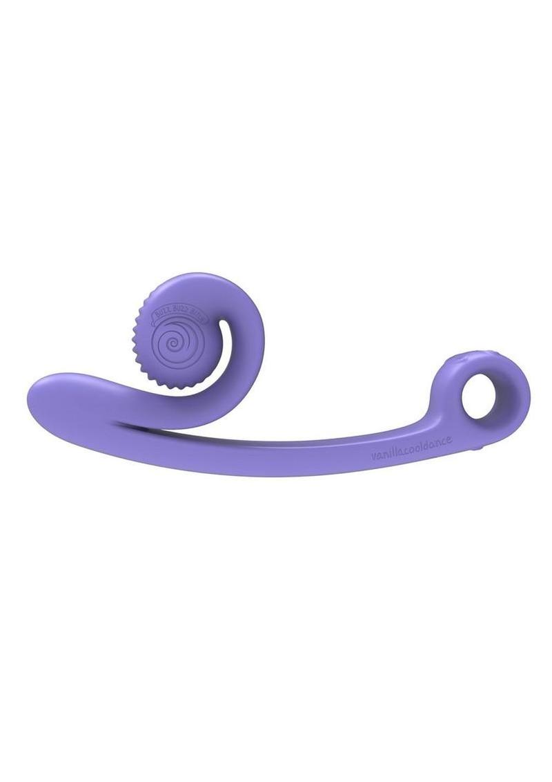 SVibe Snail Curve dual stimulator in periwinkle, side profile showing the curved shaft and ridged clitoral head