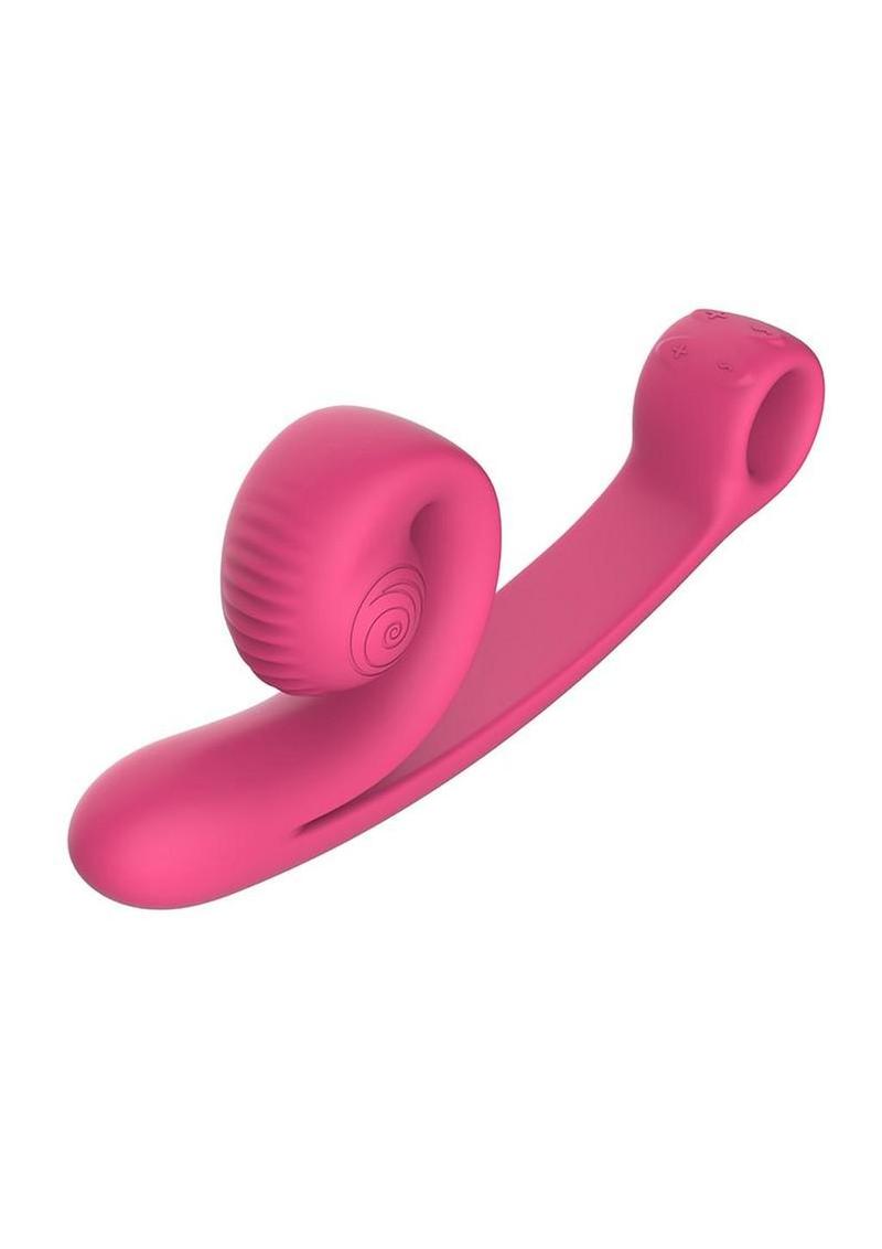 SVibe Snail Curve dual stimulator in pink, angled view with the push button controls