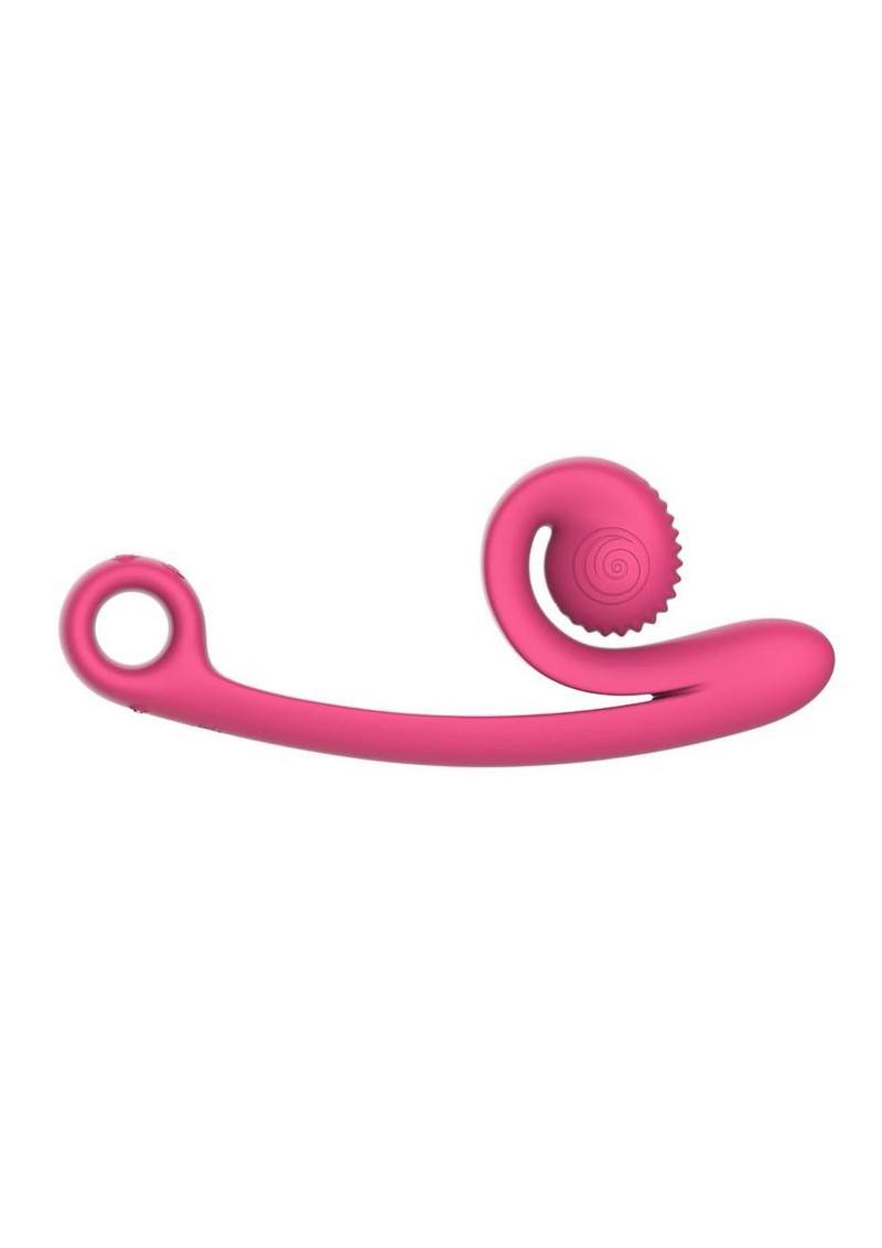 SVibe Snail Curve dual stimulator in pink, side profile showing the curved shaft and ridged clitoral head