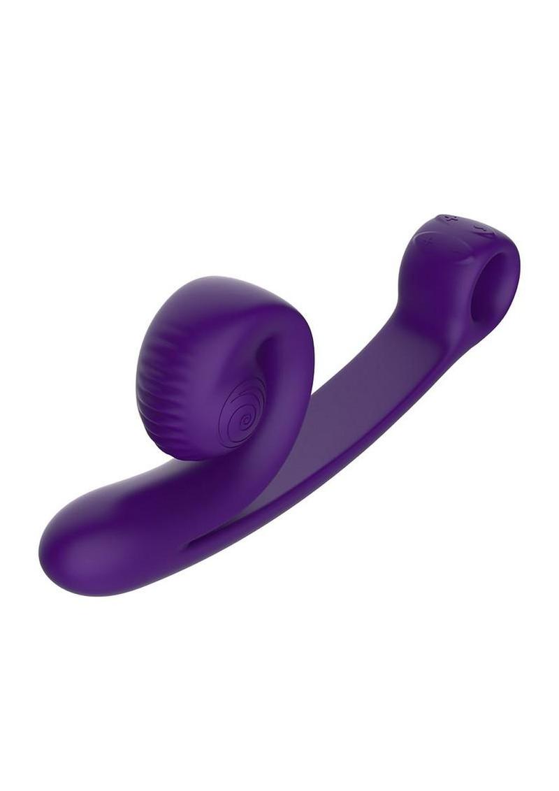 SVibe Snail Curve dual stimulator in purple, angled view with the push button controls