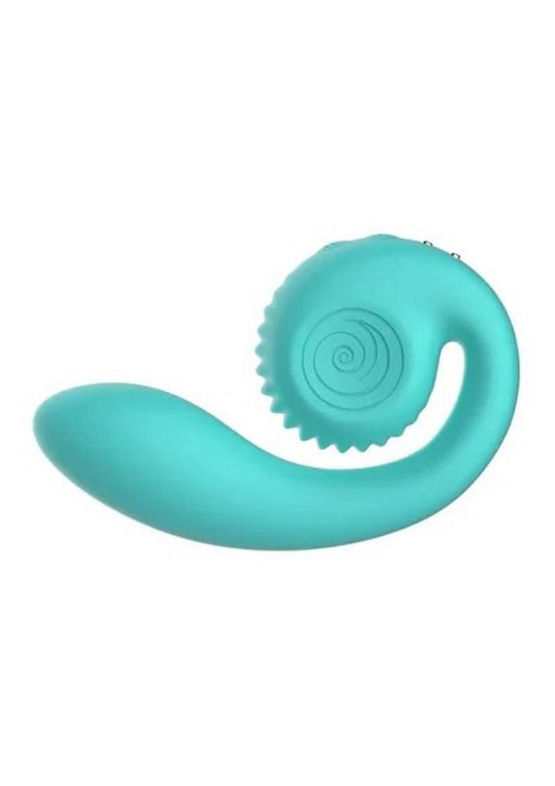 SVibe Snail Gizi dual G-spot vibrator in teal, side profile showing the curved shaft and ridged snail shell head