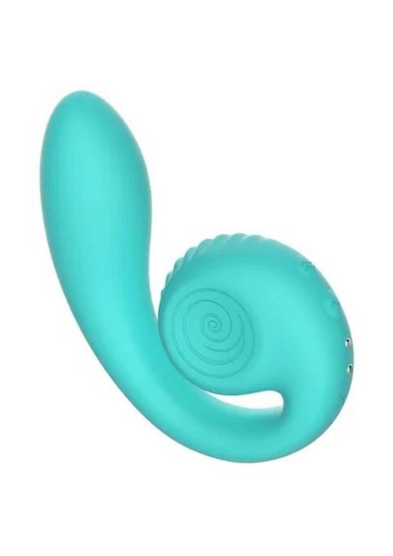 SVibe Snail Gizi dual G-spot vibrator in teal, angled view with the push button controls