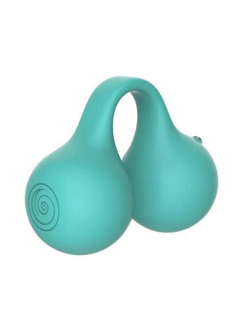 SVibe Snail Twinn app finger vibrator in teal, front view of the two soft clit hugging bulbs