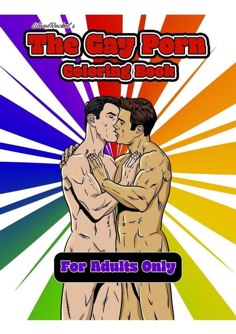 The Gay Porn Coloring Book front cover with two kissing men on a rainbow sunburst