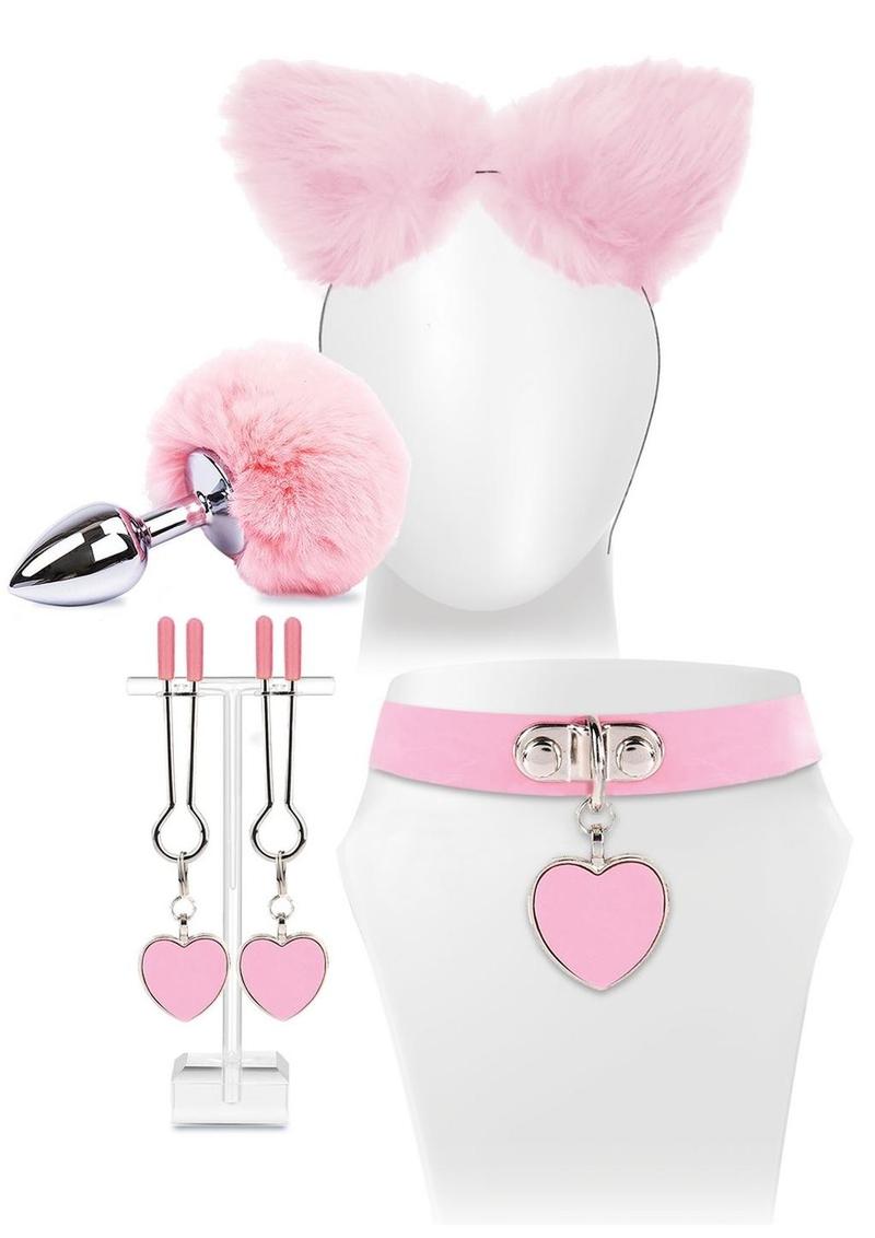 Try-Curious Kitty Kit in pink with faux-fur ears, tail butt plug, heart collar and heart nipple grips